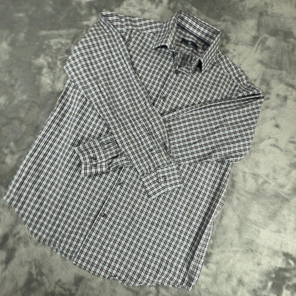 Hart Schaffner Marx Button Down Men's Medium Brown & Blue Plaid Long Sleeve